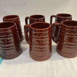 MARCREST Vintage Brown Glaze Daisy Dot Tankard Mugs Stoneware Set of 6